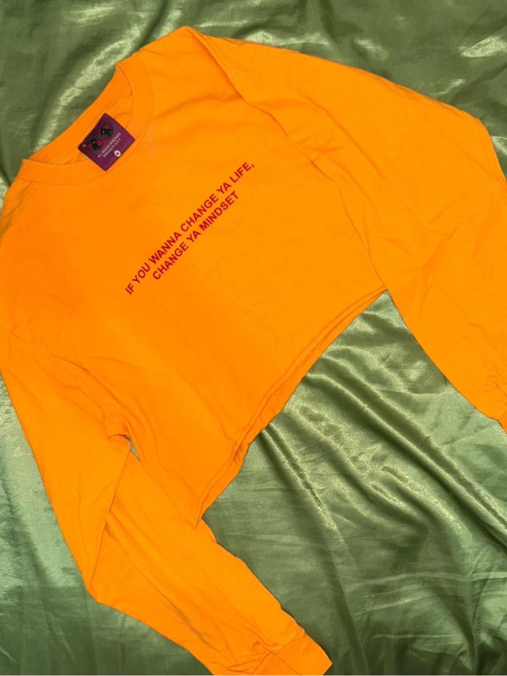 Orange Cropped Long Sleeve Tee with Red Text